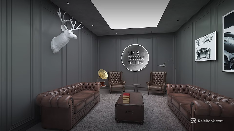 Leisure Zone Interior With Brown Leather Sofas Deer Head Circular Sign And Gray Walls 3d model 