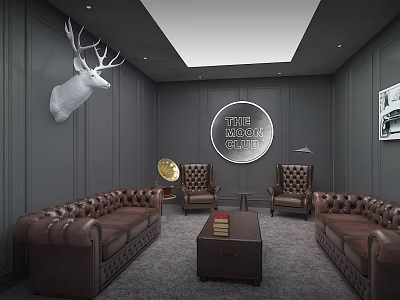 Leisure Zone Interior With Brown Leather Sofas Deer Head Circular Sign And Gray Walls 3d model