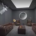 Leisure Zone Interior With Brown Leather Sofas Deer Head Circular Sign And Gray Walls 3d model