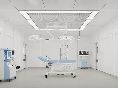 Modern Operating Room Interior With White Ceiling Surgical Lights Blue Table And Medical Equipment 3d model