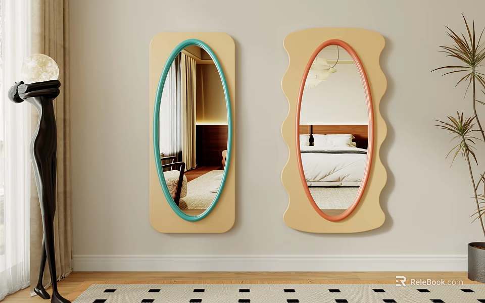 Two Wall Mounted Mirrors with Wavy Beige Frames Blue Orange Edges Reflecting Room Interior 3d model 