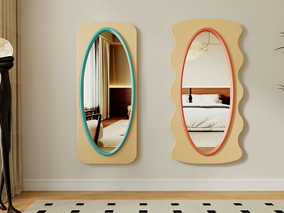 Two Wall Mounted Mirrors with Wavy Beige Frames Blue Orange Edges Reflecting Room Interior 3d model