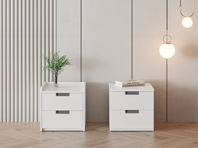 Two White Bedside Tables With Potted Plant And Books Against Light Gray Wall Wooden Floor 3d model