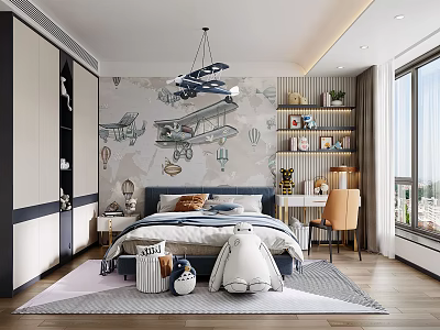 Kids Room Interior Design With Airplane Wall Mural Cozy Bed Bookshelf And Toys 3d model