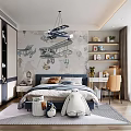 Kids Room Interior Design With Airplane Wall Mural Cozy Bed Bookshelf And Toys