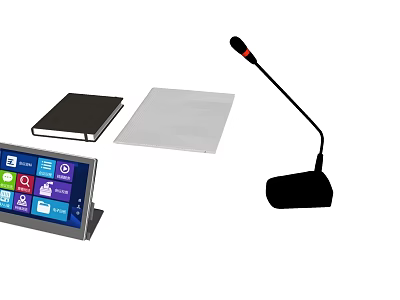 Digital Office Workstation Setup With Touchscreen Tablet Black Notebook White Paper And Microphone 3d model