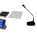 Digital Office Workstation Setup With Touchscreen Tablet Black Notebook White Paper And Microphone