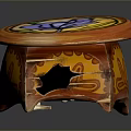 Handcrafted Wooden Stool With Round Stained Glass Top And Carved Details