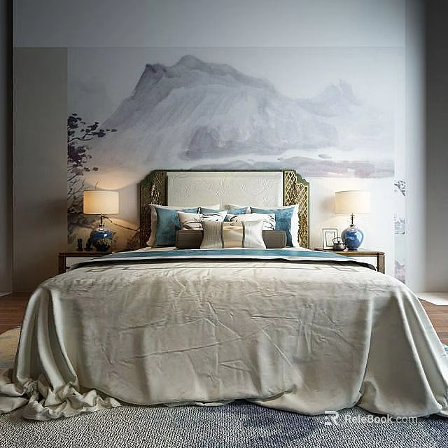 Elegant Double Bed Interior Featuring Upholstered Headboard Mountain Mural Backdrop Bedside Lamps And Pillows 3d model