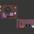 Witchs Room Interior With Pink Brick Walls Round Window Purple Armchairs Bookshelf Ladder And Cauldron