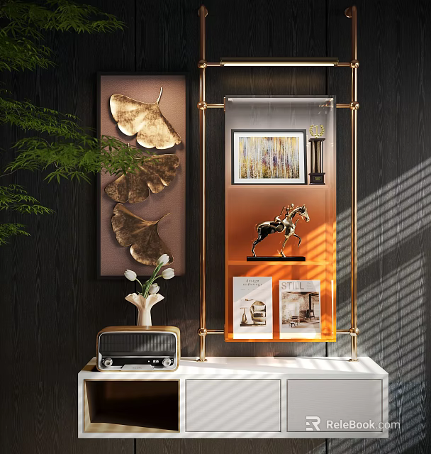 Modern Glass Display Shelf With Gold Frame And Decorative Items 3d model 