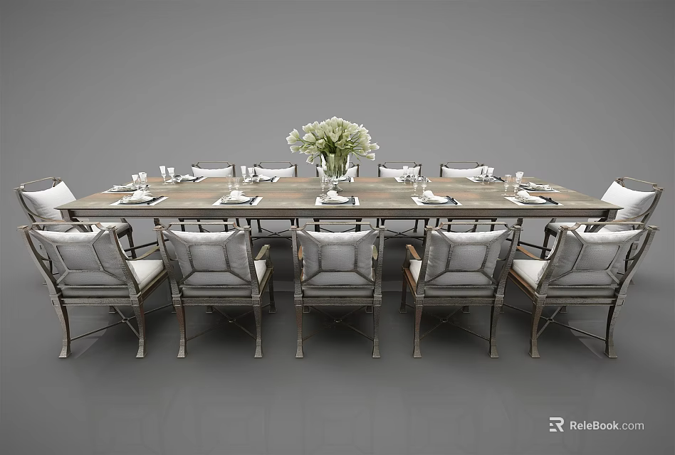 Elegant Wooden Dining Table Set With Upholstered Chairs And Flower Arrangement 3d model 