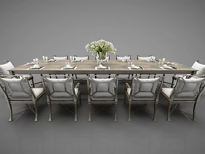 Elegant Wooden Dining Table Set With Upholstered Chairs And Flower Arrangement 3d model