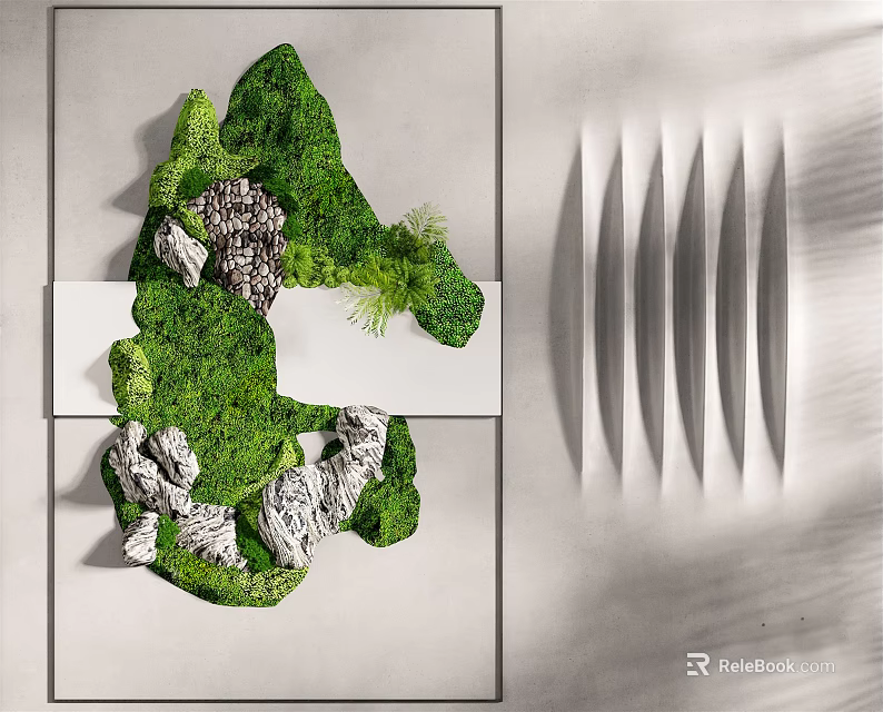 Feature Wall Design With Green Moss Stones Irregular Shape And Gray Vertical Stripes 3d model 