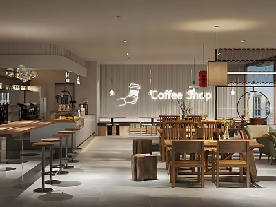 Stylish Milk Tea Shop Interior Design With Cozy Seating Bar Counter And Hanging Lamps 3d model