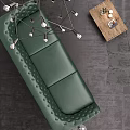 Modern Green Tufted Leather Sofa and Wooden Coffee Table Set with Geometric Chandelier and Artwork