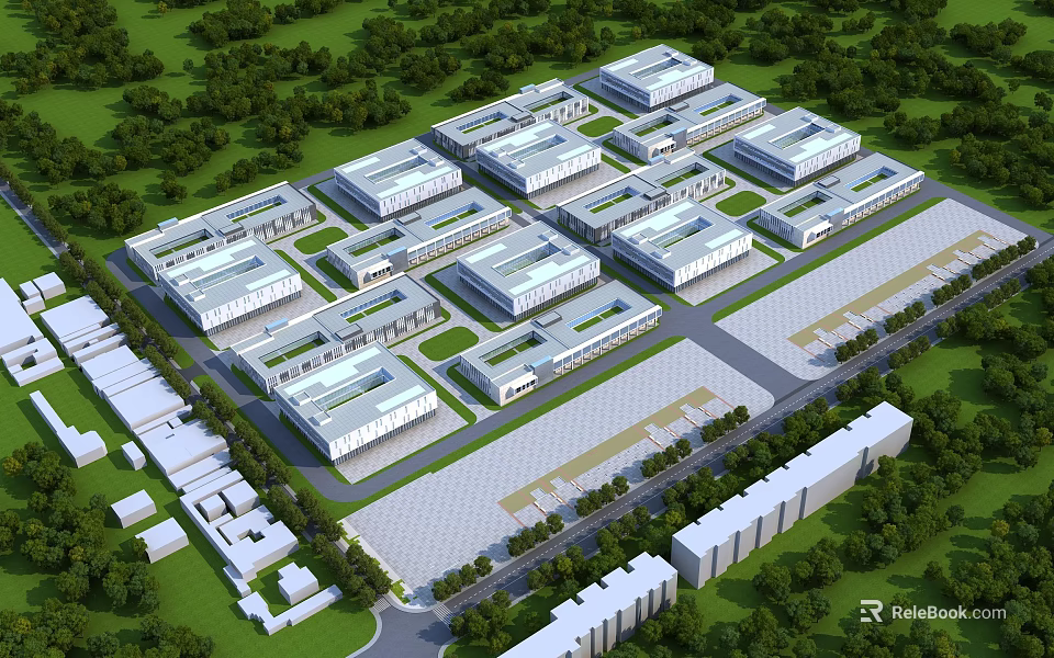 Modern Industrial Factory Complex With Multiple Buildings Wide Roads And Green Surroundings 3d model 