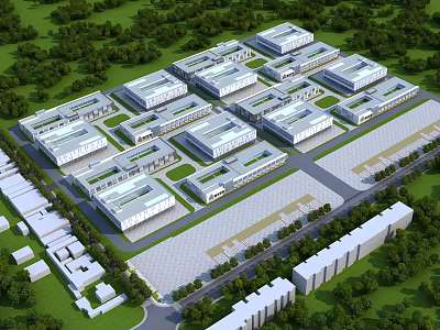 Modern Industrial Factory Complex With Multiple Buildings Wide Roads And Green Surroundings 3d model