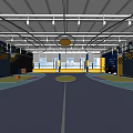 Modern Fitness Center Interior With Circular Ceiling Lights Blue Yellow Pillars And Large Windows