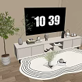 Modern White TV Stand With Flat Screen TV Decorative Accents Potted Plant And Area Rug