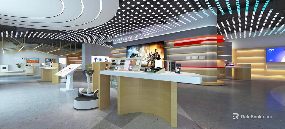Modern Digital Store Interior Design With Display Counters And Products 3d model 
