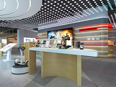 Modern Digital Store Interior Design With Display Counters And Products 3d model