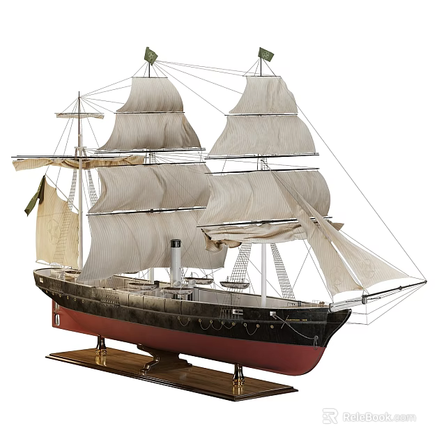 Vintage Sailboat Model Decorative Ornament With White Sails Black Red Hull And Wooden Base 3d model 