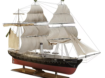 Vintage Sailboat Model Decorative Ornament With White Sails Black Red Hull And Wooden Base 3d model