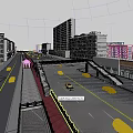 Urban Overpass Bridge Over City Road With Vehicles Pedestrians Tall Buildings And Green Trees