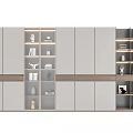 Modern Gray Bookcase With Glass Doors Layered Shelves And Decorative Ornaments