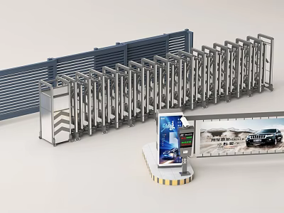 Stainless Steel Retractable Gate with Blue Fence and Billboard Featuring Car Image for Commercial Entrance 3d model