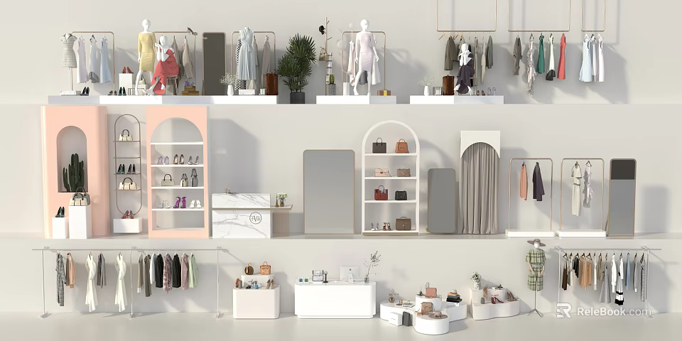 Clothing Store Interior With Mannequins Clothes Display Shelves Shoes And Accessories 3d model 