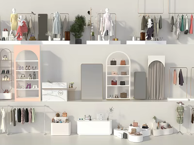Clothing Store Interior With Mannequins Clothes Display Shelves Shoes And Accessories 3d model