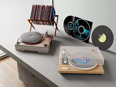 High Quality Audio Turntable Setup With CD Discs Vinyl Records And Holder On Desk 3d model