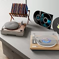 High Quality Audio Turntable Setup With CD Discs Vinyl Records And Holder On Desk