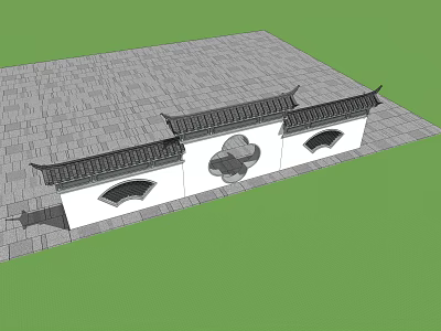 Traditional Chinese Building Exterior Wall With Gray Tiled Roof Fan Shaped Windows And Upturned Eaves 3d model