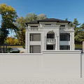 Detached Villa With White Exterior Black Roof Wrought Iron Gate Surrounded By Trees