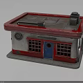 Vintage Small Building With Red Roof Blue Door Grid Windows And Roof Appliances