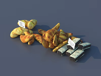 Delicious Fried Chicken Bread And Chocolate Bars With Price Tags On Dark Surface 3d model