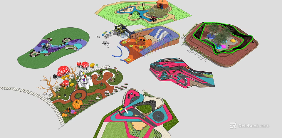 Colorful Themed Children's Play Equipment With Mushroom Shapes And Interactive Outdoor Structures 3d model 