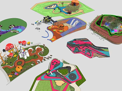 Colorful Themed Children's Play Equipment With Mushroom Shapes And Interactive Outdoor Structures 3d model