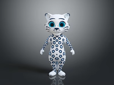 Cute Cartoon Snow Leopard Character With White Body Blue Big Eyes And Black Spots 3d model