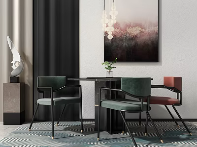 Modern Dining Table Set With Green Red Chairs Black Tabletop Metal Legs And Wall Art 3d model