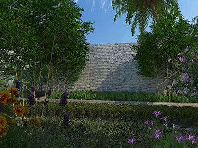 Building Exterior Wall Design With Brick Structure And Surrounding Green Plants And Colorful Flowers 3d model