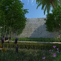 Building Exterior Wall Design With Brick Structure And Surrounding Green Plants And Colorful Flowers