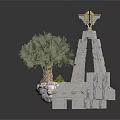 White Stone Monument with Gold Star Top Olive Tree and Inscribed Base