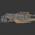 Miniature Rocky Sandy Terrain With Wooden Bridge And Small Hut Structures