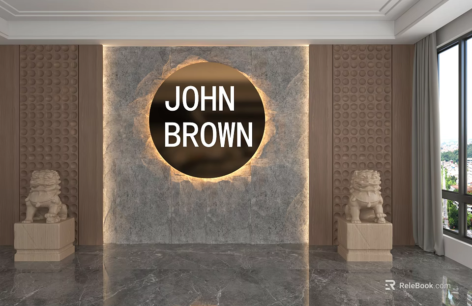 Illuminated Stone Background Wall with Circular Design Stone Lion Statues and Decorative Panels 3d model 