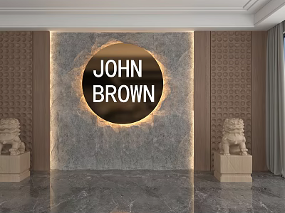 Illuminated Stone Background Wall with Circular Design Stone Lion Statues and Decorative Panels 3d model