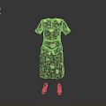 Short Sleeved Dark Dress With Pink White Floral Pattern And Brown Shoes For Daily Use